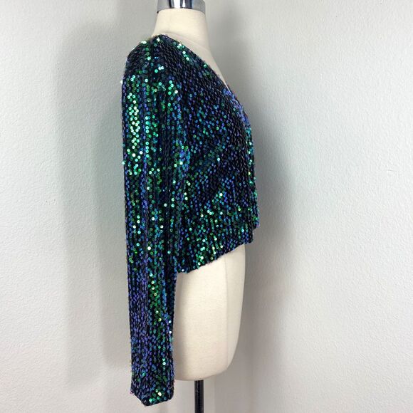 Fashion Green Blue Sequin Halter Top Long Sleeves Small Raw Hem Relaxed Party - Picture 9 of 13
